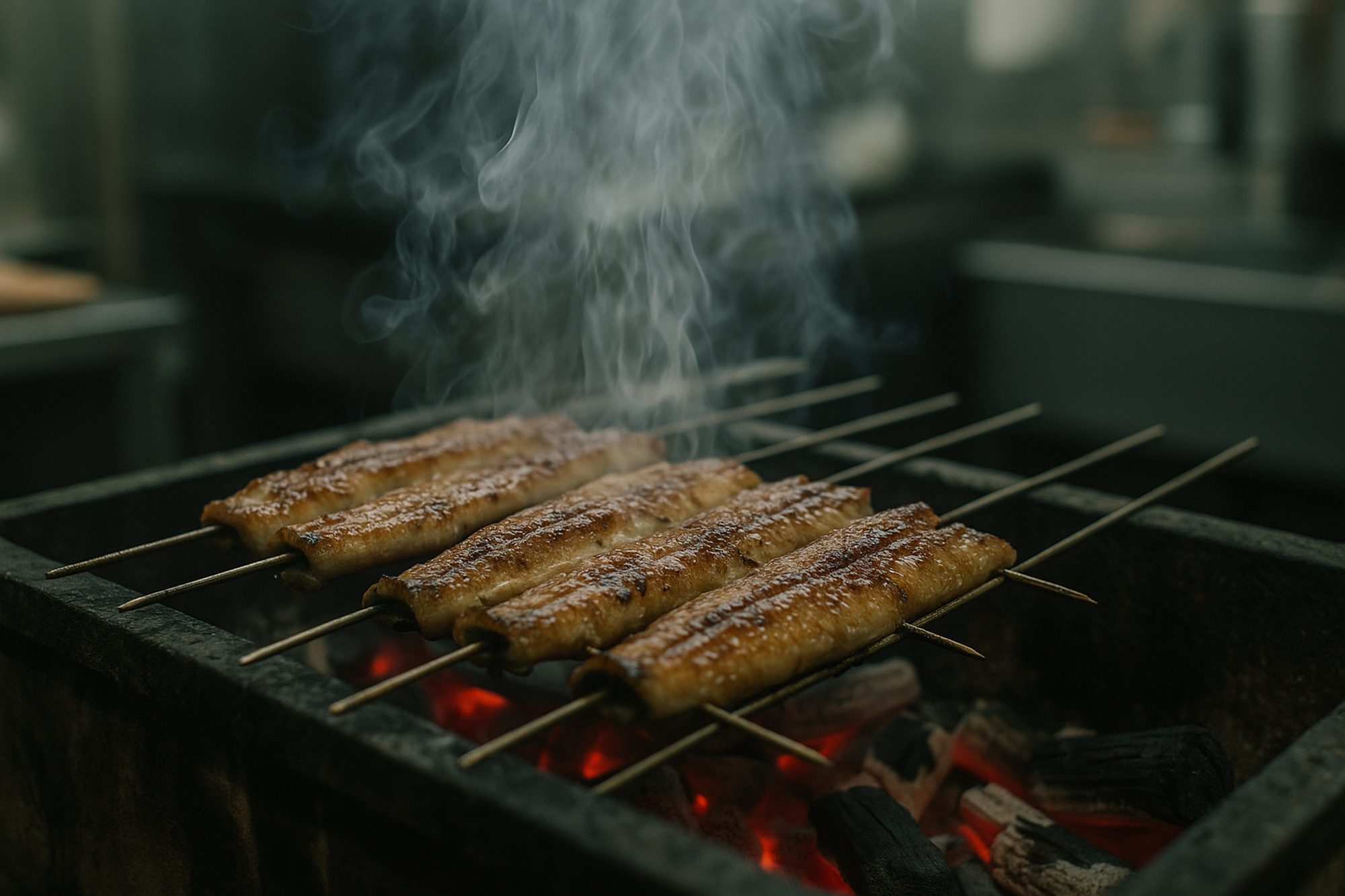 炭火で焼かれる鰻の蒲焼