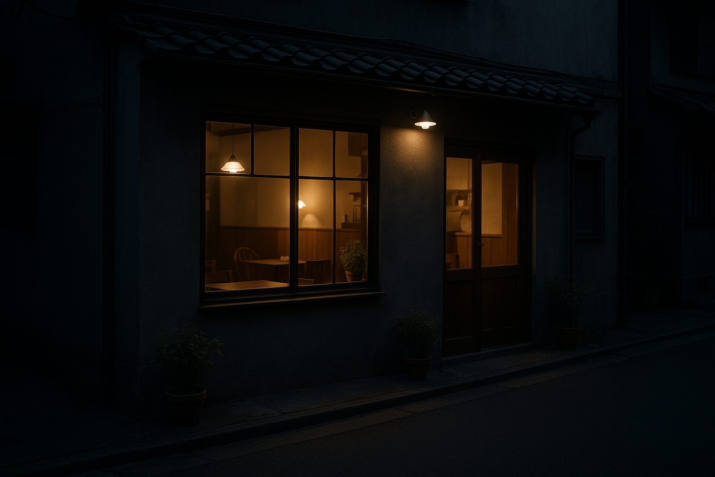 夜、窓から明かりが漏れる喫茶店の外観