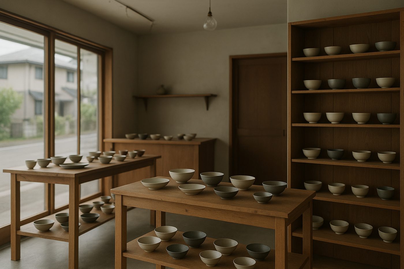 木の什器に器が並ぶ小さな物販店