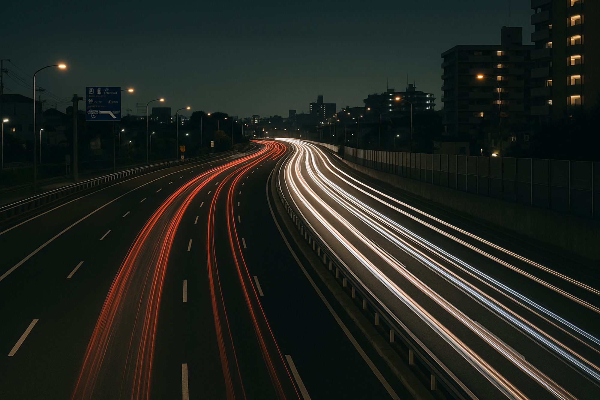夜の高速道路を走行するトラックのヘッドライトの光跡
